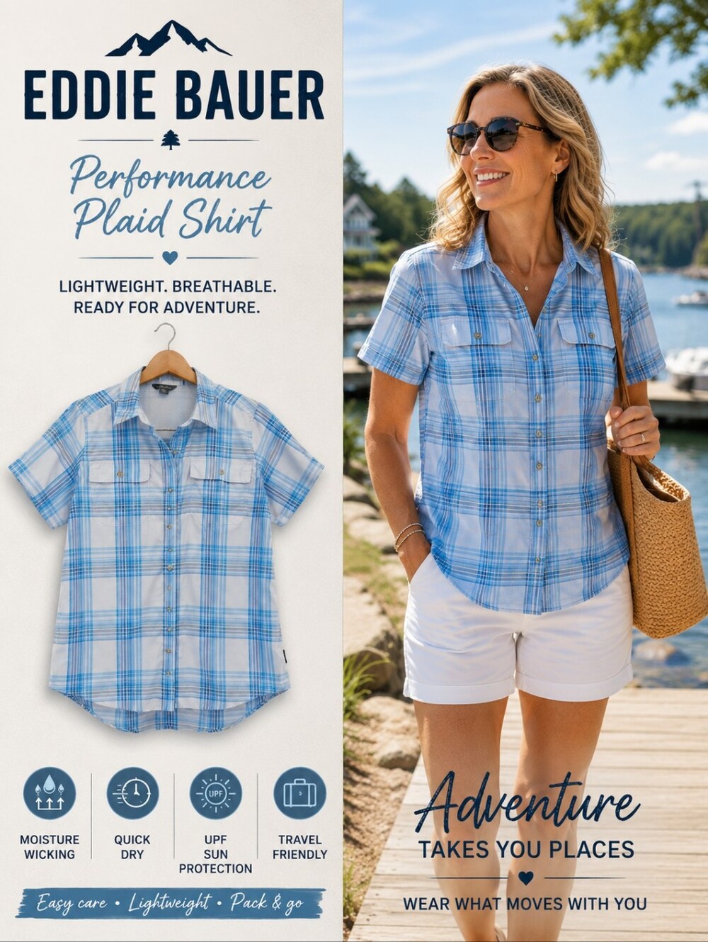 Eddie Bauer Plaid Fishing Shirt Blue Vented Outdoor Tech Button Up Womens L